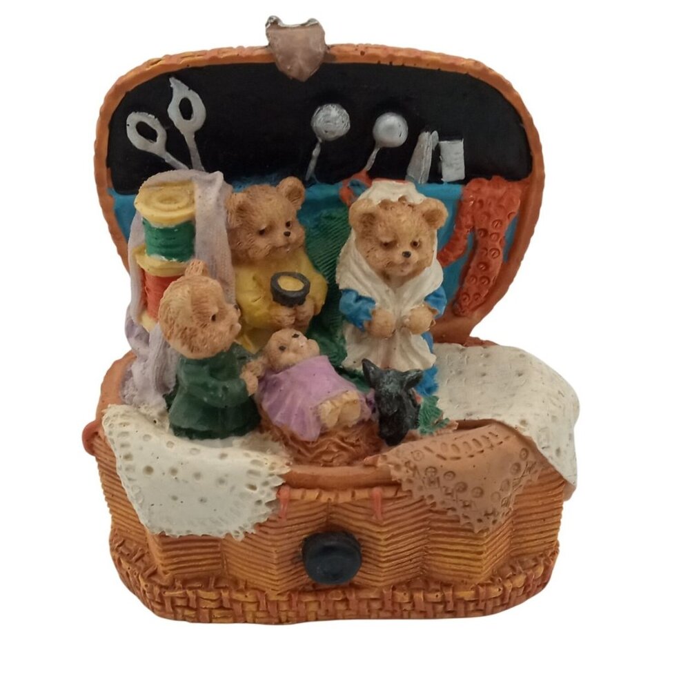 Teddy Bear Family in Sewing Basket Scene Knick Knack Vintage 3.25 Crafting Gift